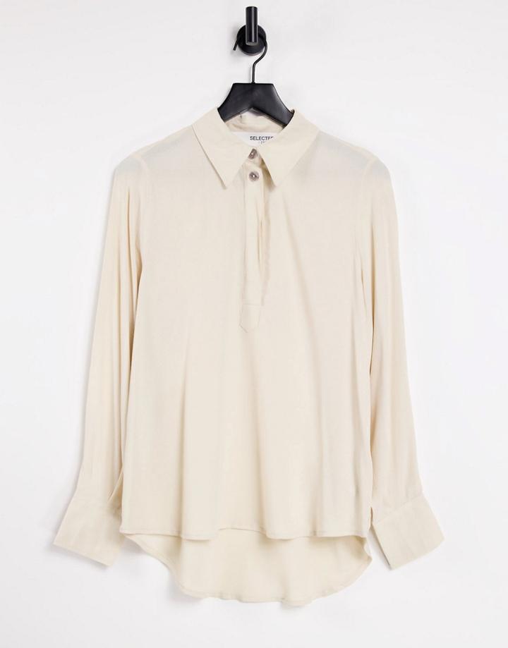 Selected Femme Shirt With Button Detail In Beige-white