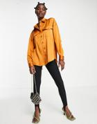 Ghospell Oversized Satin Shirt With Open Back In Rust-orange