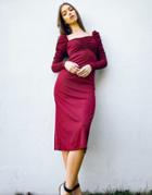 Topshop Long Sleeve Dress With Ruched Waist In Burgundy-red