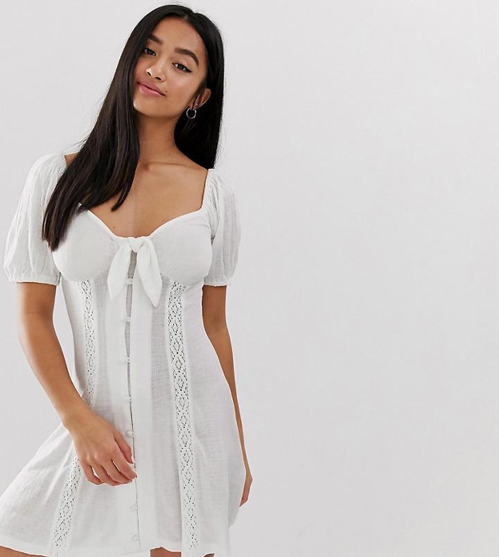 Asos Design Petite Knot Front Button Through Sundress With Puff Sleeve-white