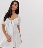 Asos Design Petite Knot Front Button Through Sundress With Puff Sleeve-white