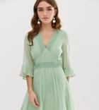 Asos Design Petite Pleated Mini Dress With Lace Inserts - Green
