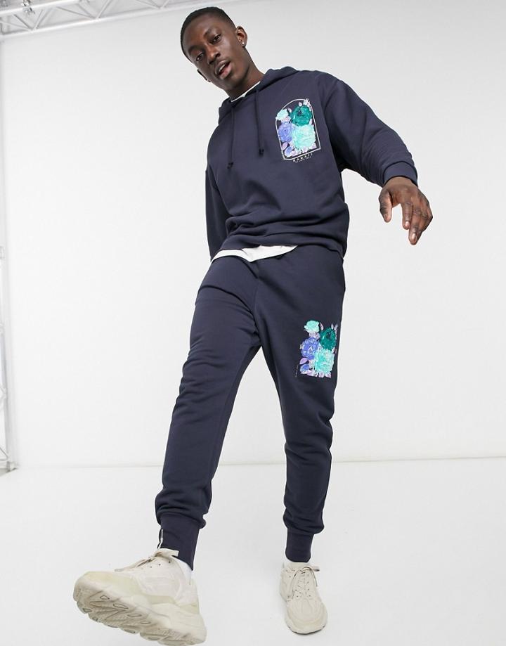 Asos Design Oversized Hoodie In Navy With Flower Chest Print - Part Of A Set