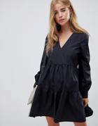 Asos Design Tiered Cotton Smock Mini Dress With Long Sleeves - Black