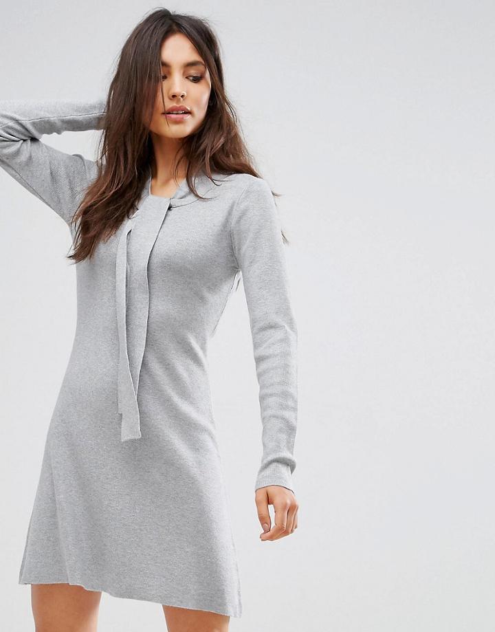Qed London Sweater Dress With Tie Neck Detail - Gray