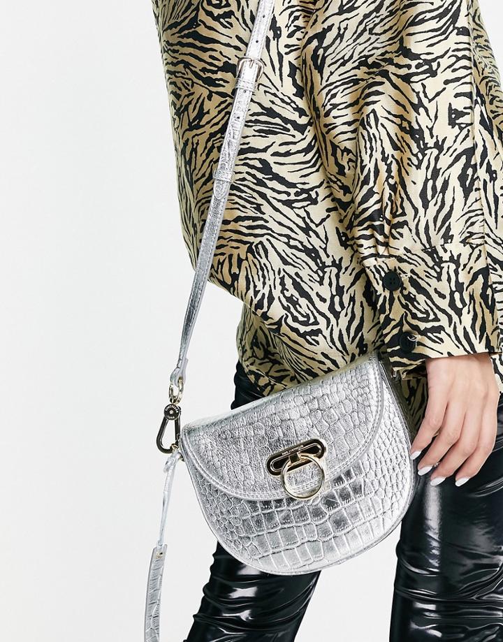 Paul Costelloe Leather Croc Print Crossbody Bag In Silver