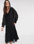 Asos Design Button Through Ruffle Front Tiered Maxi Dress In Black