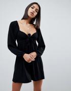 Asos Design Mini Dress With Sweetheart Neck And Tie Front - Black