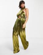 Asos Design Hi-shine Satin Cross Wear Me Anyway Jumpsuit In Chartreuse-green