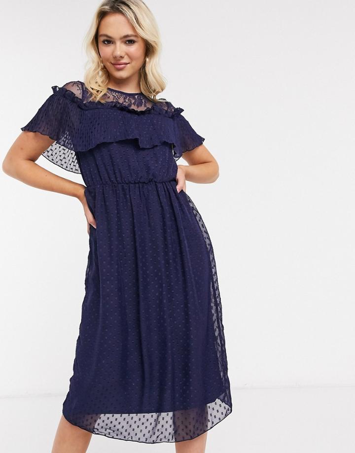 Little Mistress Skater Midi Dress In Dobby Mesh In Navy