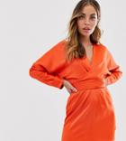 Asos Design Petite Batwing Mini Dress With Wrap Waist In Satin - Gold