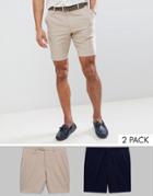 Asos 2 Pack Slim Mid Length Smart Shorts In Stone And Navy Save - Multi