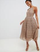 Asos Design Lace Pinny Scallop Edge Midi Prom Dress - Brown