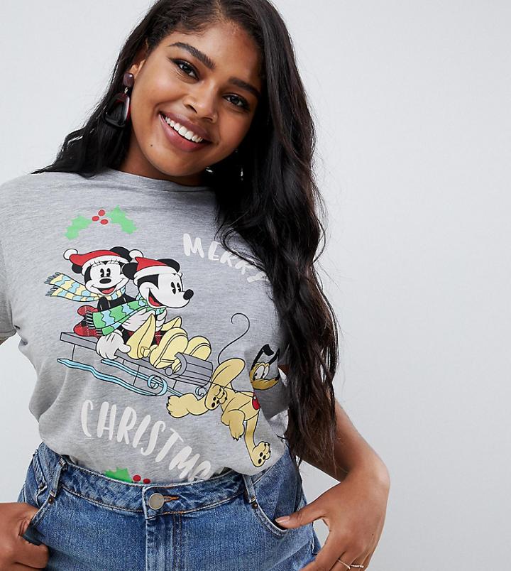 Asos Design Curve Christmas T-shirt With Retro Mickey & Minnie Festive Print - Gray