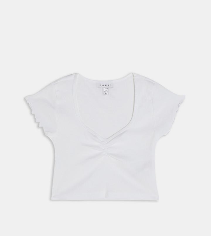 Topshop Petite Ribbed Ruched Top In White