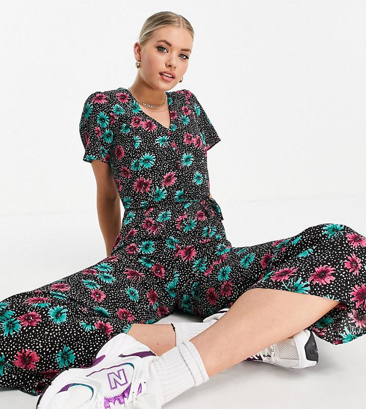 Asos Design Tall Tea Button Front Jumpsuit In Floral Polka Dot-multi