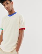 Asos Design Relaxed T-shirt In Towelling With Contrast Neck And Cuff-white