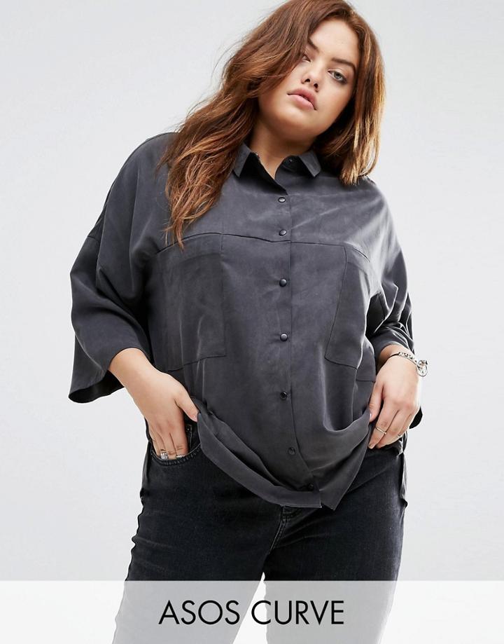 Asos Curve Premium Casual Shirt In Tencel - Gray
