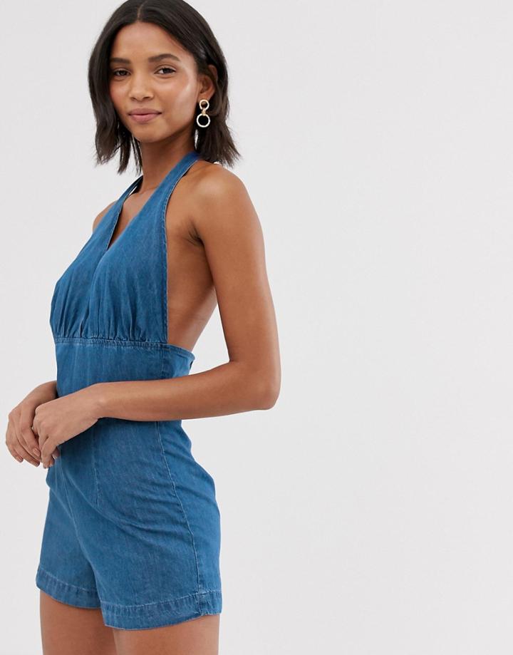 Asos Design Denim Halterneck Romper In Midwash Blue - Blue