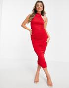 Asos Design Ruched Racer Front Neck Midi Dress In Red