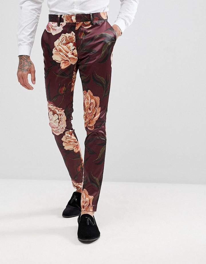 Asos Super Skinny Suit Pants In Burgundy Floral Print Sateen - Red