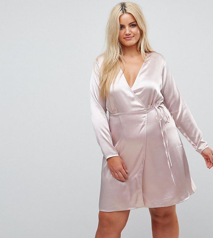 Fashion Union Plus Dress With Wrap Front In Satin - Beige