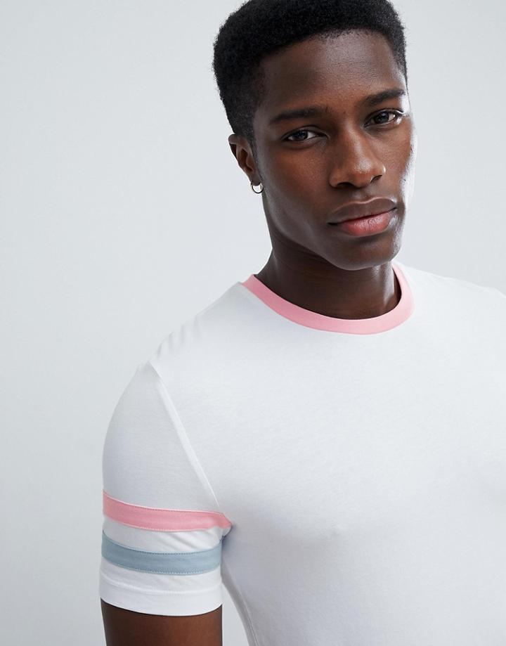Asos Design Muscle Fit T-shirt With Sleeve Stripe - White