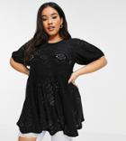 Yours Puff Sleeve Broderie Blouse In Black