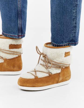 Moonboot Far Side Low Shearling Boot In Whiskey - Tan