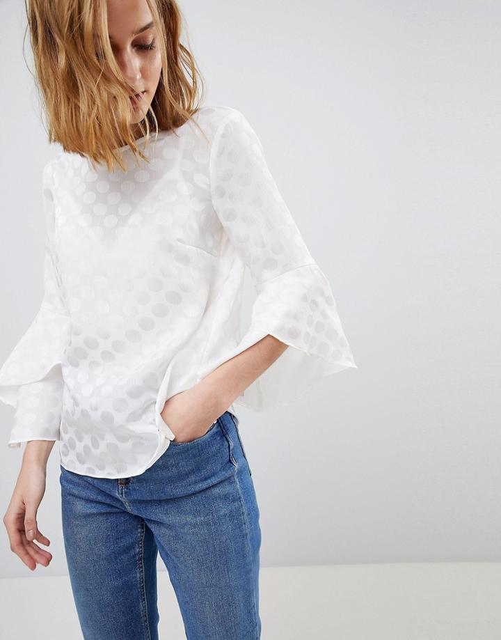 Warehouse Spot Burnout Fluted Sleeve Blouse - Cream