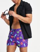 Asos Design Swim Shorts In Beach Print Short Length-purple