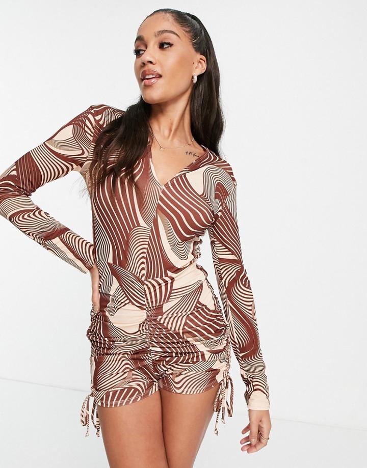 First Distraction The Label Ruched Mini Romper In Brown Swirl Print