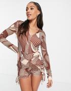 First Distraction The Label Ruched Mini Romper In Brown Swirl Print
