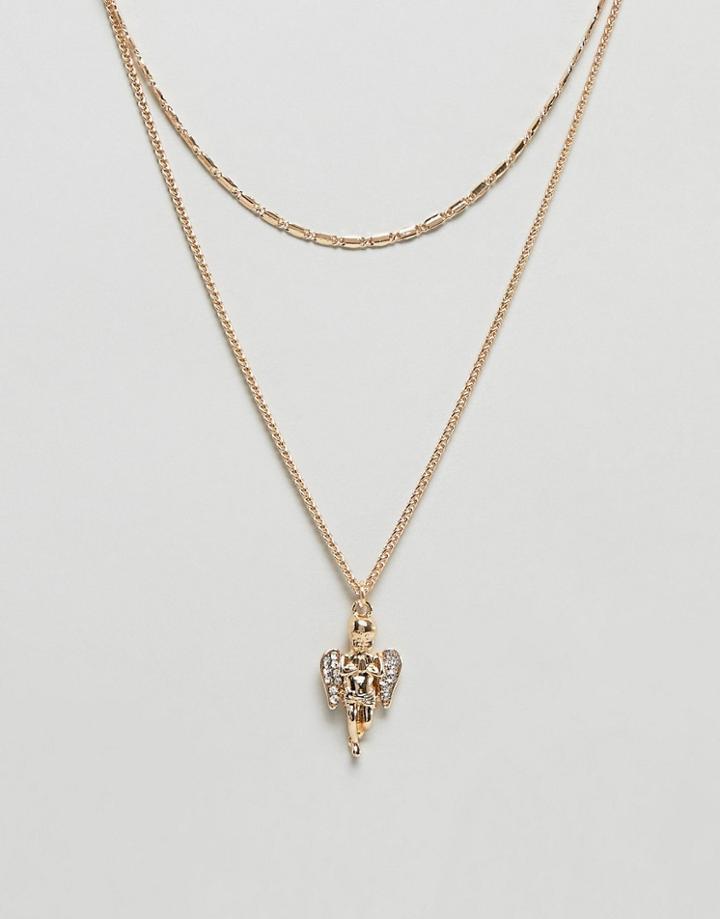 Asos Design Multirow Necklace With Vintage Style Cherub Pendant In Gold - Gold