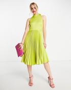 Closet London High Neck Pleated Midi Dress In Lime-green