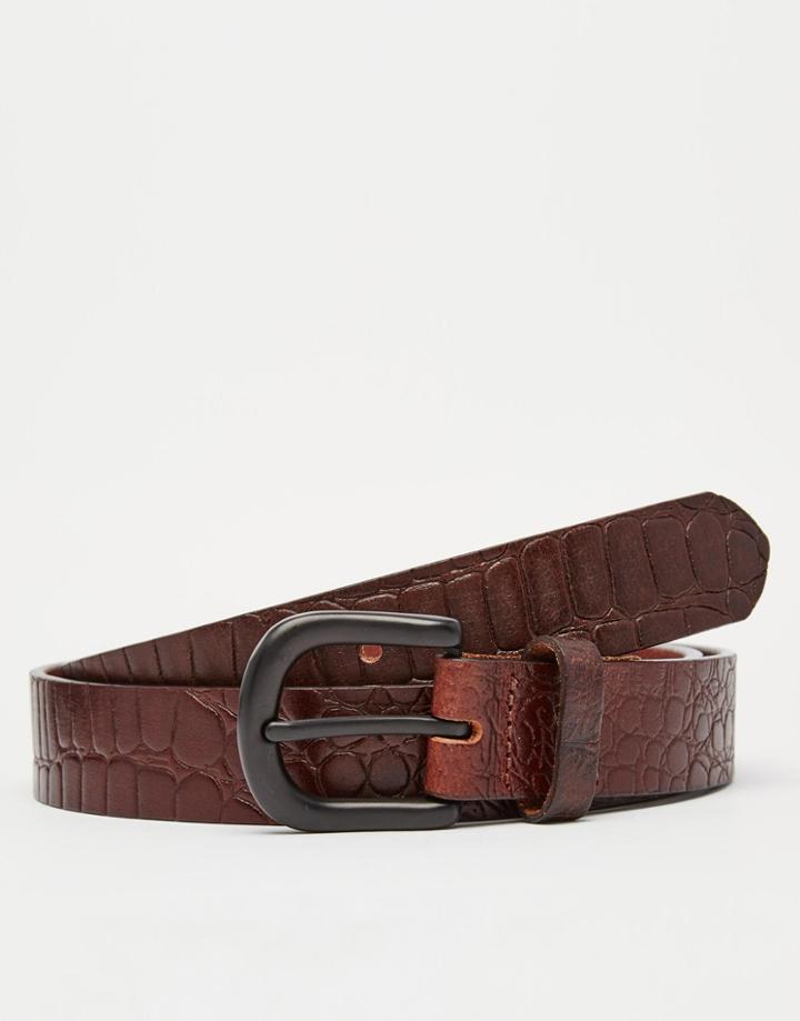 Asos Leather Belt With Crocodile Emboss And Black Coated Buckle - Brown