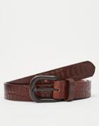 Asos Leather Belt With Crocodile Emboss And Black Coated Buckle - Brown