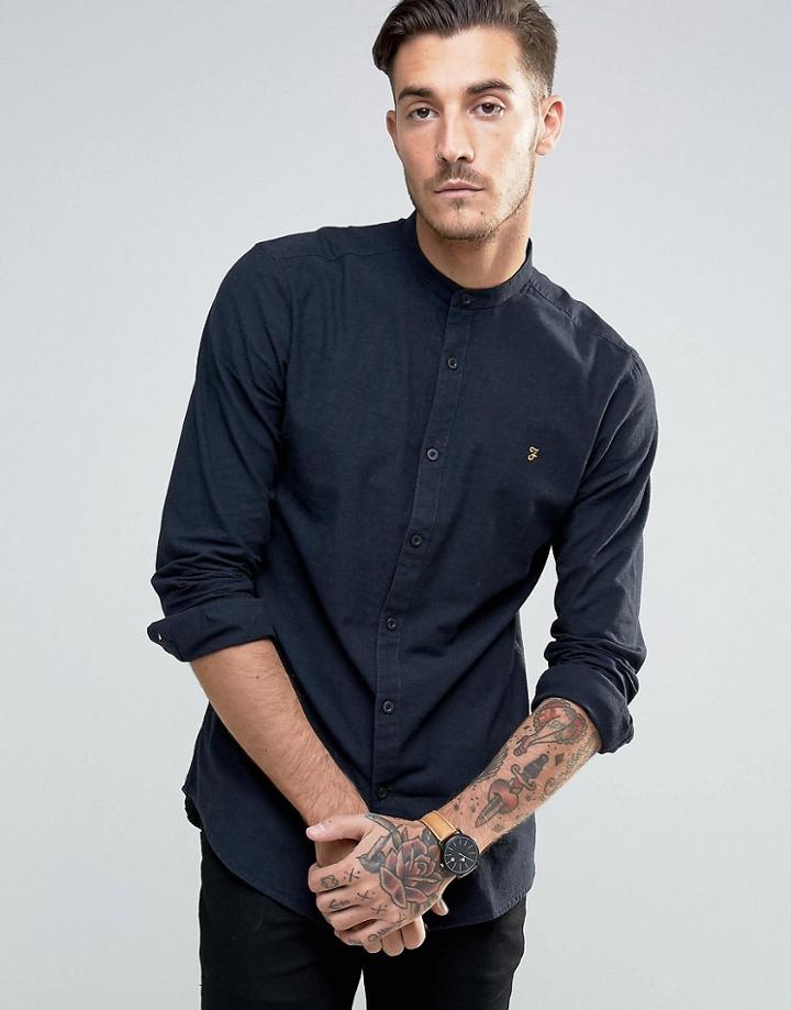 Farah Oxford Shirt With Grandad Collar Slim Fit In Navy - Navy