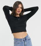 Asos Design Tall Slim Fit Long Sleeve Crop Top With Lettuce Edge In Black