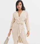 Asos Design Petite Midi Dress With Batwing Sleeve And Wrap Waist In Velvet