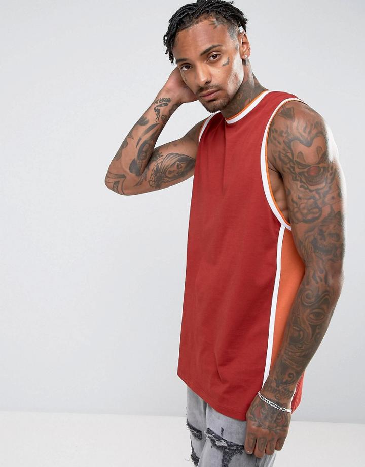 Asos Longline Sleeveless T-shirt With Retro Contrast Panelling In Red - Red