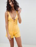 Asos Scallop Hem Lace Up Beach Romper - Yellow