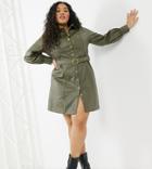 Violet Romance Curve Belted Leather-look Shirt Dress In Khaki-green