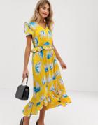 Liquorish Midaxi Dress With Ruffle Detail In Yellow Print - Yellow