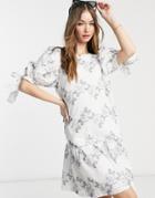 Selected Femme Mini Dress With Puff Sleeves In White And Blue Embroidery