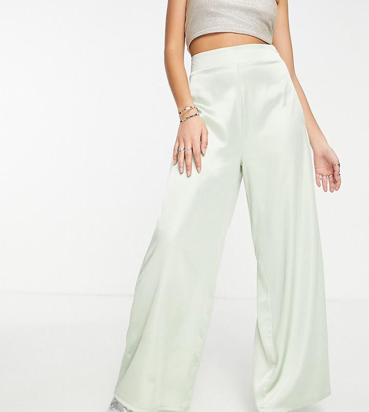 Flounce London Petite Wide Leg Satin Pants In Dusty Sage-green