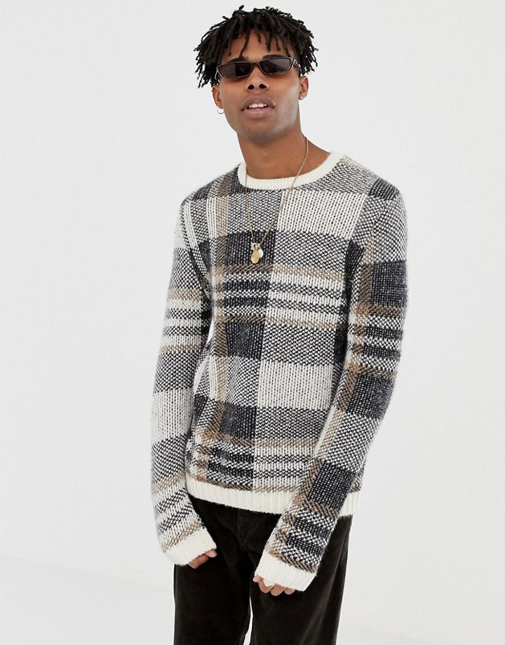 Asos Design Textured Check Sweater In Ecru Base - Beige