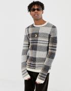 Asos Design Textured Check Sweater In Ecru Base - Beige