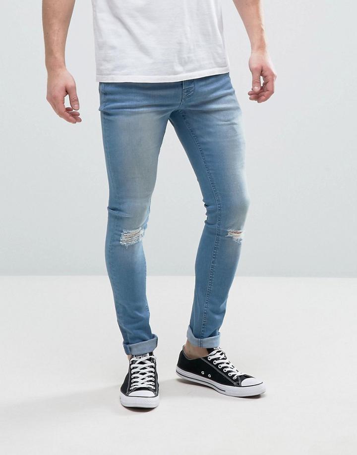 Hoxton Denim Super Skinny Mid Wash Jeans With Ripped Knee - Blue