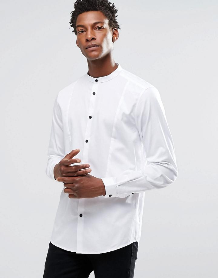 Asos White Shirt With Grandad Collar And Contrast Texture Bib In Regular Fit - White